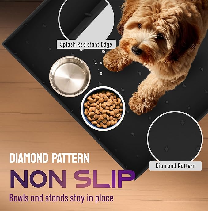 32x24x1” XL Dog Food Mat - All Purpose Silicone Pet Food Mat, Cat Litter Mat, Under Sink Mat - Raised Edges Dog Mat for Food and Water Prevent Spill, Waterproof Cat Food Mat Protect Floors