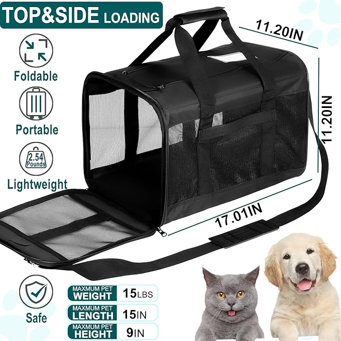 Cat Dog Pet Carrier for Medium to Large Cats (20+ lbs) and Small Dogs -Top Loading, Portable & Collapsible Cat Travel Bag Dual Kitten Sturdy Crate for Long Journeys - Holds Up to 15 lbs