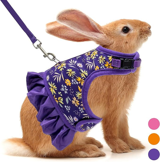 Rabbit Harness and Leash for Walking Escape Proof - Cute Floral Mesh Breathable Soft Bunny Vest Harness Outdoor for Camping, Hiking, Training - Also Suit for Ferret Kitten Puppy Small Animals