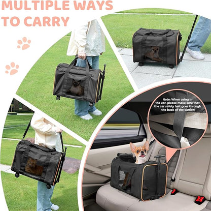 Cat Dog Carrier with Wheels, Airline Approved Pet Carrier for Small Dogs, Soft Sided Pet Travel Carrier with Telescopic Handle and Shoulder Strap (Black)