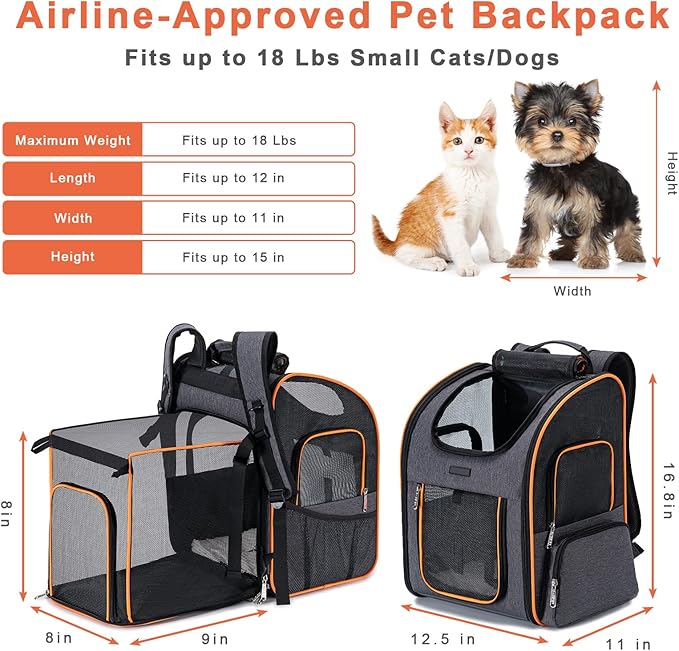 Cat Backpack Carrier, Dog Backpack Carrier for Small Dogs Medium Cats, Airline Approved Expandable Pet Backpack Carrier for Small Dogs Puppies Medium Cats Fit Up to 18 Lbs, Grey