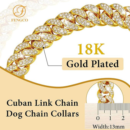 Gold Dog Chain Collar Diamond Cuban Link Dog 13mm Wide Cats(20inch)