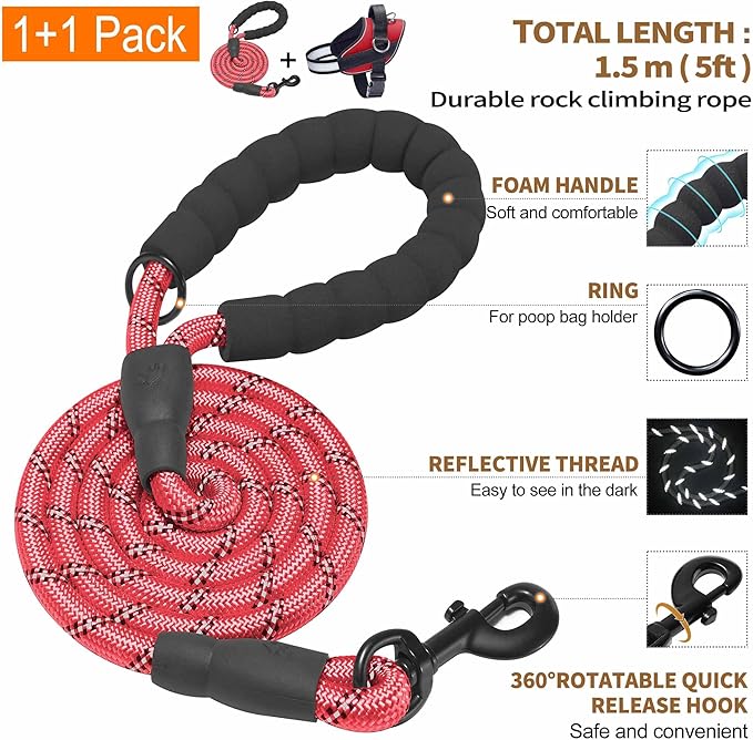 Haapaw Essential Dog Harness, No Pull Pet Vest with 3 Leash Clips, No Choke, Reflective, Adjustable and Padded, for Easy Walking and Training for Large Dogs(XL, Red)