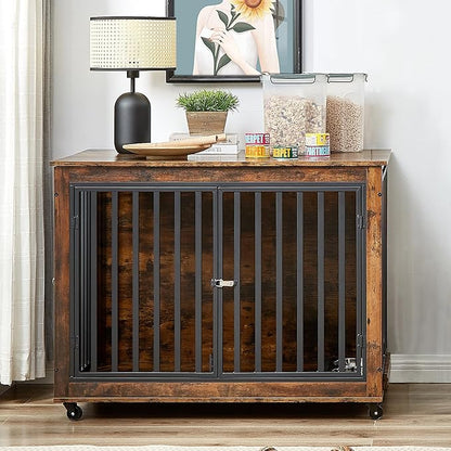 NicBex Dog Crate Furniture Dog Cage with Removable Feeding Bowls and 3 Doors