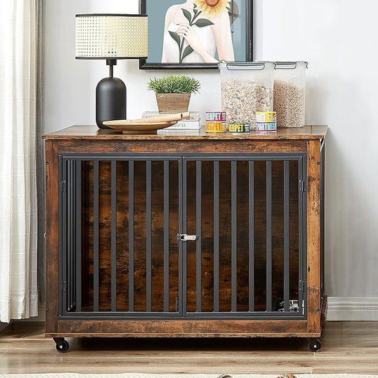 NicBex Dog Crate Furniture Dog Cage with Removable Feeding Bowls and 3 Doors