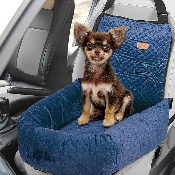 X AUTOHAUX Car Dog Bed Cat Seats Booster Seat Flannel Puppy Bed Back Car Dog Seat Travel Safety Carseat/Carrier Washable Cover with Seat Belt for Medium Small Sized 5-15 lb Blue