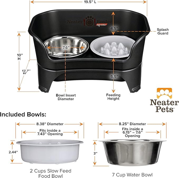 Neater Feeder - Express Model w/Niner 9 Peak Slow Feed Bowl - Mess-Proof Dog Bowls (M/L, Black) - Made in USA – Elevated, No Spill, Non-Tip, Non-Slip, Raised Food/Water Pet Bowls Aid Digestion