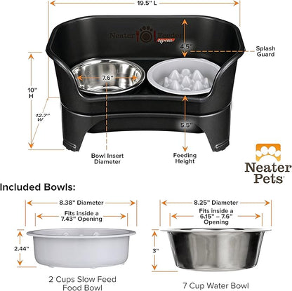 Neater Feeder - Express Model w/Niner 9 Peak Slow Feed Bowl - Mess-Proof Dog Bowls (M/L, Black) - Made in USA – Elevated, No Spill, Non-Tip, Non-Slip, Raised Food/Water Pet Bowls Aid Digestion