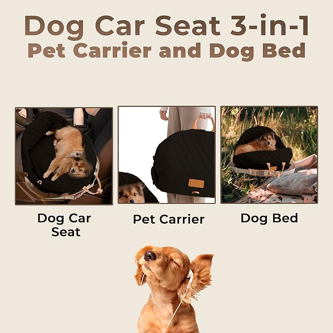 3-in-1 Dog Carriers for Small Dogs 0-18lbs Puppy Car Seat and Pet Bed with Dog Pillow Bed, Storage Pocket, Clip-On Safety Leash, Waterproof Car Seat for Dogs, Black