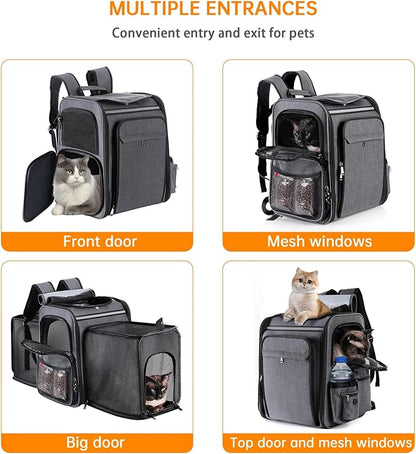 Pet Travel Carrier Backpack, Soft-Sided Breathable Mesh Cat Carrier Backpack for cat,Dogs,Puppies Up to 20 Lbs,Dual Side Expandable to 17 x 13.5 x 36 inches… (Grey + Black Mesh)