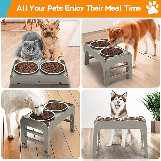 Elevated Dog Bowls, 4 Height Adjustable Raised Dog Bowl Stand with 2 Thick 50oz Stainless Steel Dog Food Bowls Non-Slip Dog Feeder for Dogs Adjusts to 3.7", 9.2", 10.75", 12.36" Light Brownish Gray