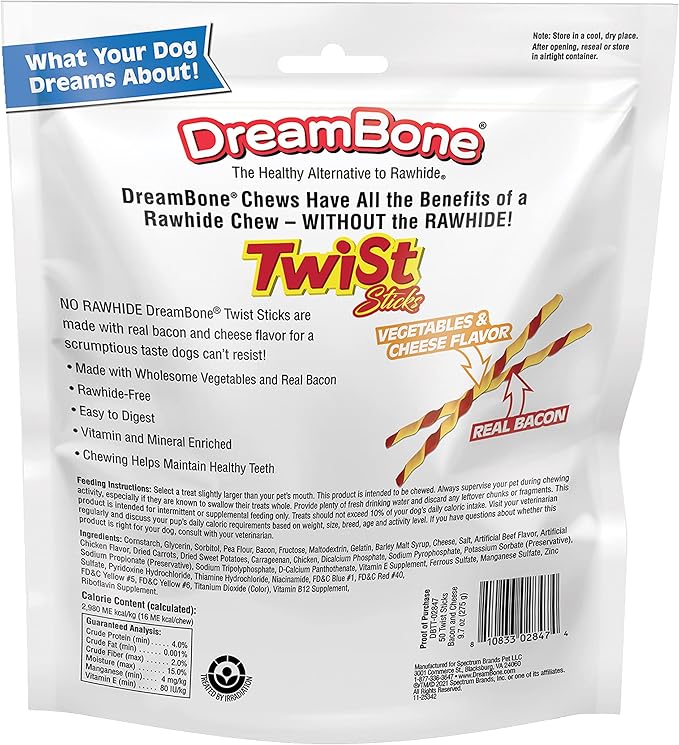 DreamBone Twist Sticks With Real Bacon And Cheese Flavor, Rawhide-Free Chews For Dogs, 50 Count (Pack of 1)