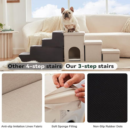 Love's cabin Dog Stairs for Small Medium or Large Dogs with Storage and Condo Couch,3-Step Gray 200 lbs,Beige