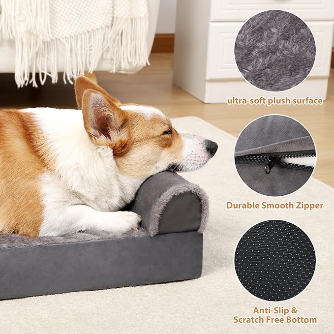 Orthopedic Dog Bed Washable Large Dog Bed Waterproof Dog Beds Large Sized Dog Couch Egg Foam Dog Crate Bed with Removable Bolsters & Nonslip Bottom 35" x 22" x 6", Grey