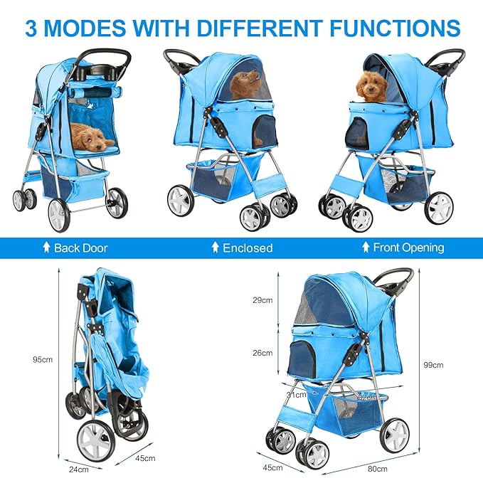 Pet Stroller for Small Dogs and CatsQuick-Folding Portable Travel Cat Dog Stroller with Storage Basket and Cup Holder 4 Wheels,
