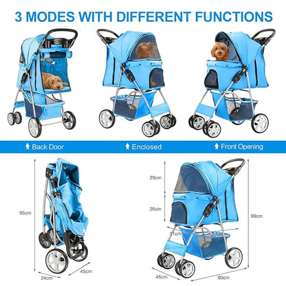 Pet Stroller for Small Dogs and CatsQuick-Folding Portable Travel Cat Dog Stroller with Storage Basket and Cup Holder 4 Wheels,