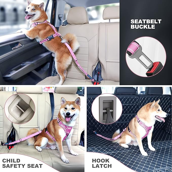 IOKHEIRA Dog Seatbelt, Updated Dog Seat Belt, Adjustable Dog Seatbelt Harness, Reflective Bungee Dog Car Seatbelt with Hook& Buckle, Dog Car Seat Belt with Aviation Aluminum Alloy Swivel Carabiner