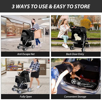 4 Wheels Pet Stroller for Small Medium Dogs Cats 33 lbs