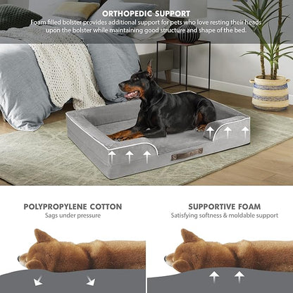 XXL Orthopedic Dog Sofa Bed - Jumbo Pet Couch with Memory Foam, Completely Removable Washable Cover, Waterproof Lining, Nonskid Bottom, Grey - Perfect for Large Breeds