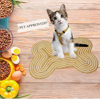 16.5"X21" Jute Cotton Bone Shaped Feeding Mat Dog Cat Bowl Mat Handmade Indoor Rug Door Mats for Entrance Back Door Natural Handmade Dog Placemat (Dog Chew