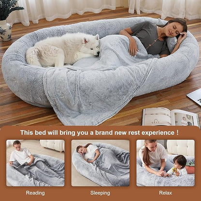 ZIKEE Human Dog Bed for Adults, 72"x48"x12" Giant Dog Beds for Humans, Warm & Comfortable Human Sized Dog Bed, Faux Fur Plush Dog Bed with Pillow, Blanket - Grey