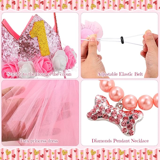 13 Pcs Dog Birthday Party Supplies Decorations Cute Dog Girl Birthday Bandanas Set Pink Tutu Skirt Dog Crown Hat Pearl Necklace Happy Birthday Banner 9 Pink Woof Paw Balloons Toy for Puppy Pet Cat Dog