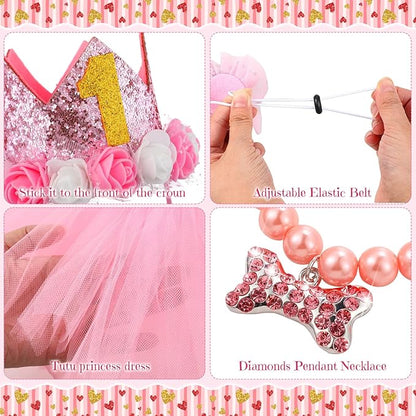 13 Pcs Dog Birthday Party Supplies Decorations Cute Dog Girl Birthday Bandanas Set Pink Tutu Skirt Dog Crown Hat Pearl Necklace Happy Birthday Banner 9 Pink Woof Paw Balloons Toy for Puppy Pet Cat Dog