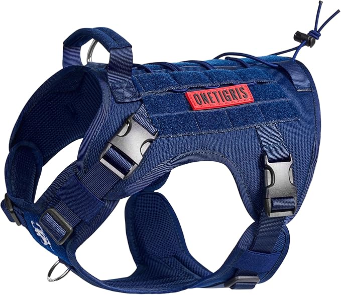 OneTigris Tactical Dog Harness Vest,No-Pull Service Dog Vest with Hook & Loop Panels,Adjustable Dog Vest Harness for Walking Hiking Training(Blue,M)