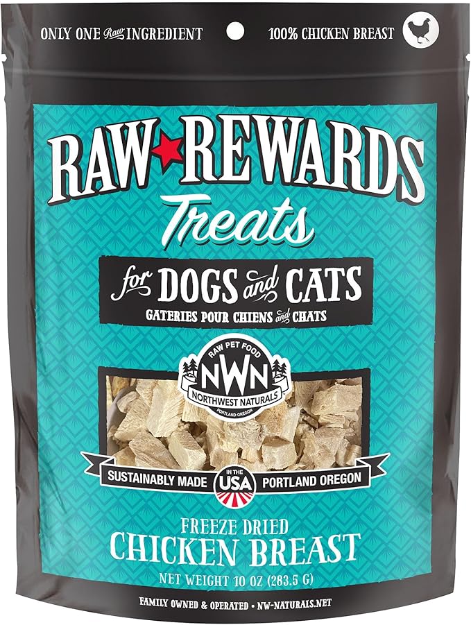 Northwest Naturals Raw Rewards Freeze-Dried Chicken Breast Treats for Dogs and Cats - Bite-Sized Pieces - Healthy, 1 Ingredient, Human Grade Pet Food, All Natural - 10 Oz (Packaging May Vary)