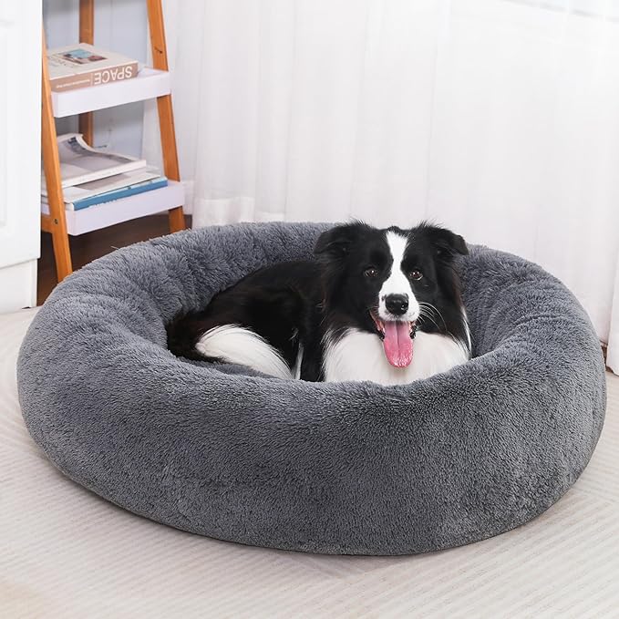 36" Calming Dog Bed with Removable Cover,Anti Anxiety Donut Dog Bed,Plush Round Pet Beds for Large Dogs,Fluffy Faux Fur Dog Bed,Washable Cuddler Dog Bed(Dark Grey,Large)