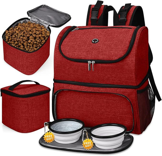 BAGLHER Pet Travel Bag, Double-Layer Pet Supplies Backpack (for All Pet Travel Supplies), Pet Travel Backpack with 2 Silicone Collapsible Bowls and 2 Food Baskets Red