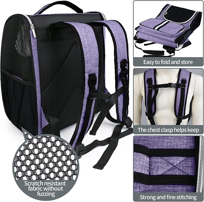 BAGLHER Pet Carrier Backpack, Dog Backpack Carrier for Small Dogs Cats, Thicker Bottom Support, Ventilated Design Breathable Dog Carrier Backpack Cat Bag for Hiking Travel Camping Outdoor Use Purple