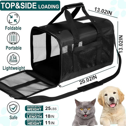 Cat Dog Pet Carrier for Medium to Large Cats (20+ lbs) and Small Dogs -Top Loading, Portable & Collapsible Cat Travel Bag Dual Kitten Sturdy Crate for Long Journeys - Holds Up to 25lbs