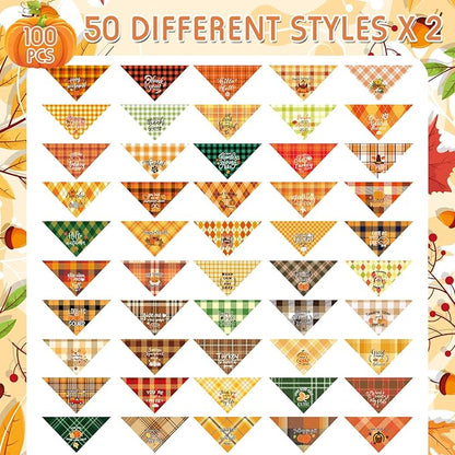 Sweetude 100 Pcs Fall Thanksgiving Plaid Dog Bandanas Bulk Thanksgiving Dog Scarf Bibs