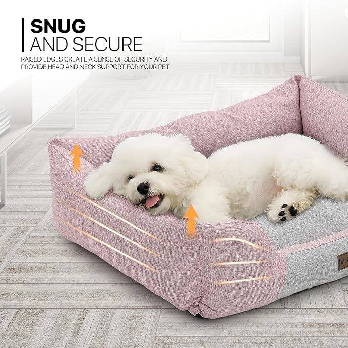 MoNiBloom 27"x21"x7" Dog Beds for Medium Small Dogs Machine-Washable Linen-Like Fabric Pet Beds Warming Cozy Soft Bed for Dogs and Cat