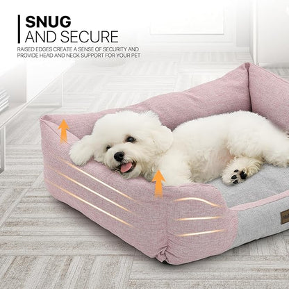 MoNiBloom 27"x21"x7" Dog Beds for Medium Small Dogs Machine-Washable Linen-Like Fabric Pet Beds Warming Cozy Soft Bed for Dogs and Cat