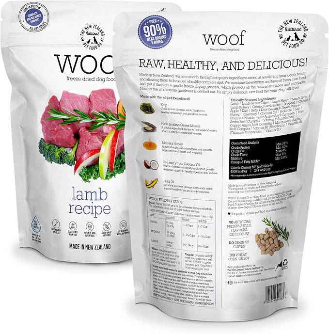 WOOF Freeze Dried Dog Food - Lamb Recipe, High Protein Dog Training Treats & Meals, Dog Food Topper, 2.2 lb