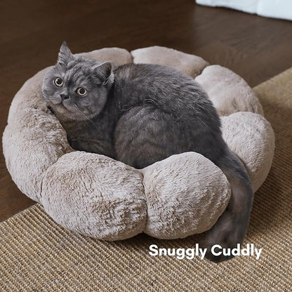 Cat Beds for Indoor Cats, Machine Washable Non-Skid, Fluffy Flower Cat Bed Cute, Anti Anxiety Dog Beds for Toy Size Dogs, 20 * 20 Inches, Brown