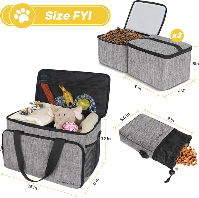 6 Set Dog Travel Bag, Large Pet Travel Kit for Supplies Includes 2 Food Containers, 1 Travel Organizer for Dogs, 2 Collapsible Bowls, 1 Treat Pouch, Dog Weekend Overnight Travel Bag Luggage