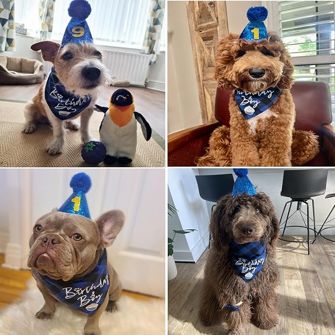 Dog Birthday Party Supplies, LMSHOWOWO Reusable Dog Birthday Bandana Set, Blingbling Dog Birthday Hat Bow Tie Numbers for Small Dogs Pets Birthday Decorations (Blue, Small)