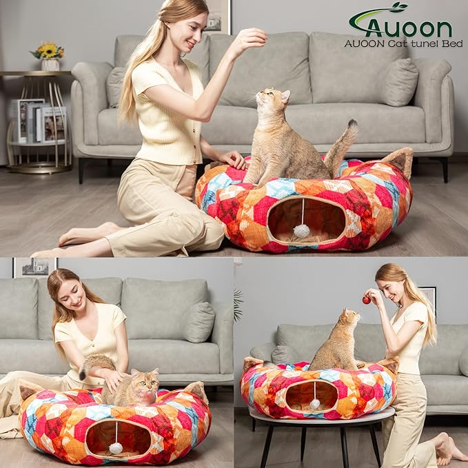 AUOON Cat Tunnel Bed with Central Mat,Big Tube Playground Toys,Soft Plush Material,Full Moon Shape for Kitten,Cat,Puppy,Rabbit,Ferret (Orange)