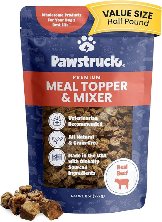 Pawstruck Vet Recommended Air Dried Dog Food Toppers for Picky Eaters - Made in USA with Real Beef - Premium All Natural Meal Mix-in Kibble Seasoning Enhancer - 8 oz - Packaging May Vary