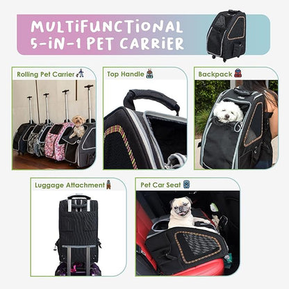 Petique 5-in-1 PET Carrier, Features: Rolling, Top Handle, Backpack, Luggage Attachment, Car Seat All in ONE for Small to Medium Dog, Cat, Bunny, Supports Pets up to 25LBS - Sunset Strip