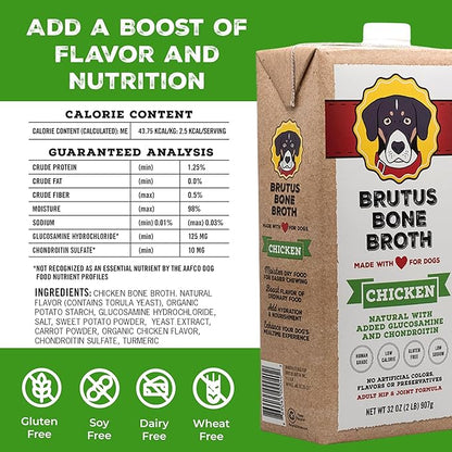 Brutus Chicken Broth for Dogs - All Natural Chicken Bone Broth for Dogs with Chondroitin Glucosamine Turmeric -Human Grade Dog Food Toppers for Picky Eaters & Dry Food -Tasty & Nutritious