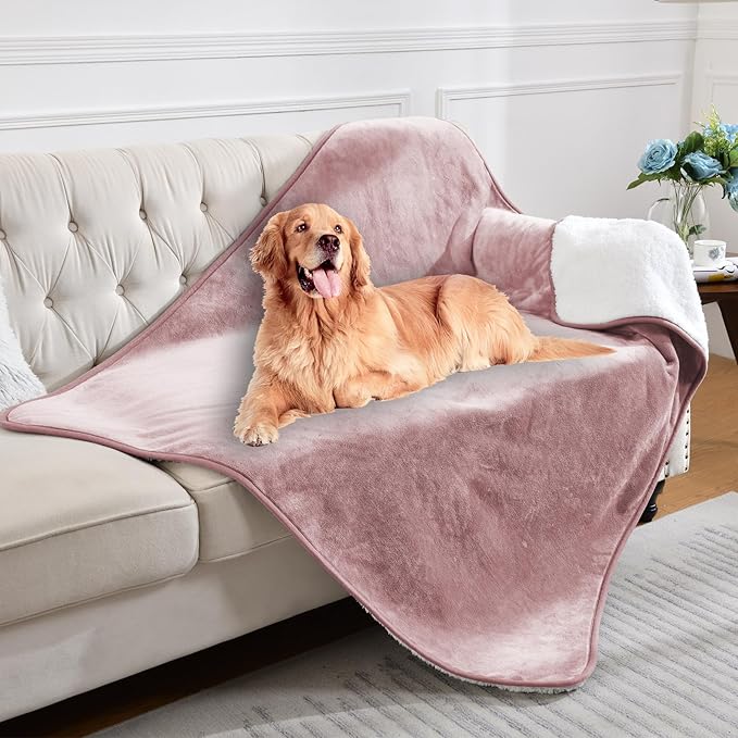 Waterproof Blanket for Bed Couch Sofa, Soft Liquid Pee Proof Pet Blanket for Dog Puppy Cat, Reversible Sherpa Fleece Blanket for Furniture Protector (Dusty Pink, 50x60 inches)