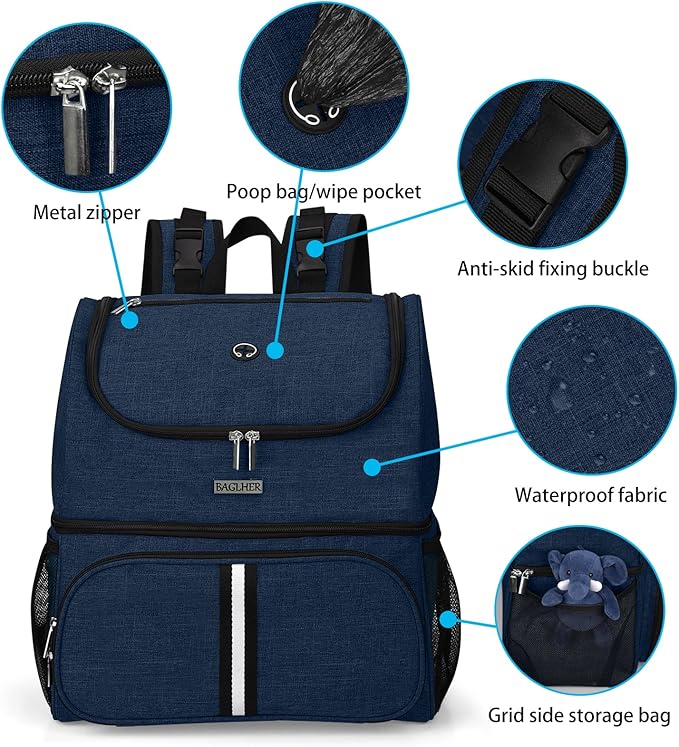 BAGLHER Pet Travel Bag, Double-Layer Pet Supplies Backpack (for All Pet Travel Supplies), Pet Travel Backpack with 2 Silicone Collapsible Bowls and 2 Food Baskets Dark Blue