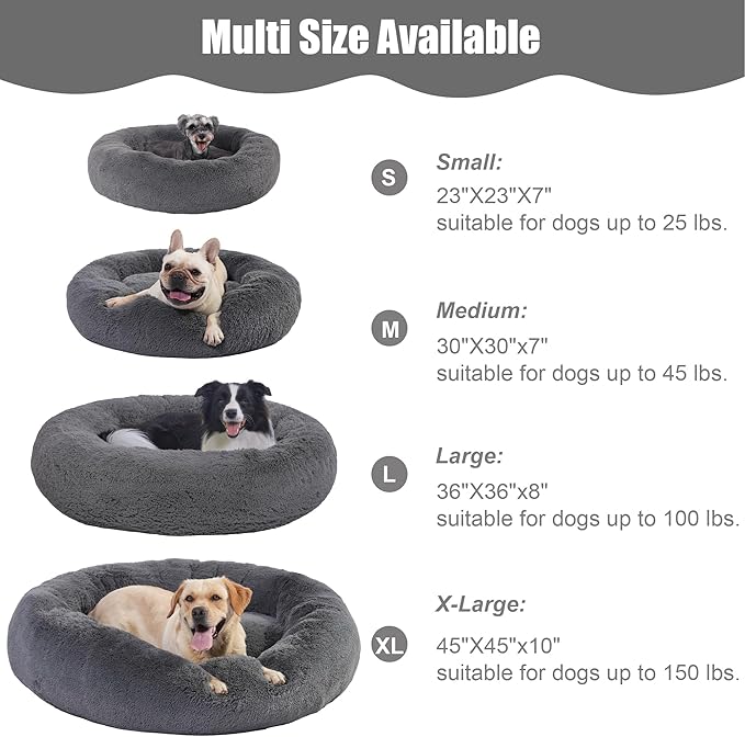 23" Calming Dog Bed,Anti Anxiety Donut Dog Bed,Plush Round Pet Beds for Small Dogs,Fluffy Faux Fur Cat Bed,Washable Cuddler Dog Bed(Dark Grey,Small)