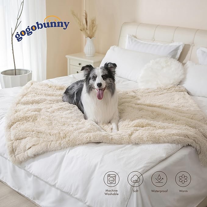 gogobunny Waterproof Plush Long Faux Fur Pet Throw Blanket Ultra Soft Fluffy Bed Couch Cover Washable (40x50 Inch 1), Beige)