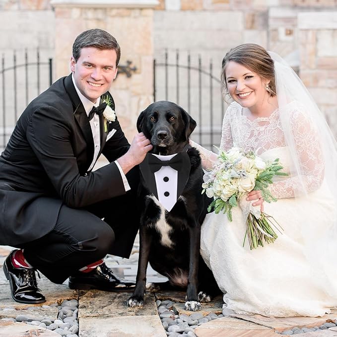 Dog Tuxedo Wedding Bandana Collar with Bow Tie Adjustable Dog Tuxedo Suit Formal Dog Costumes Pet Party Tux for Small Medium Large Dogs Pets(Large: Neck 15”-25”)