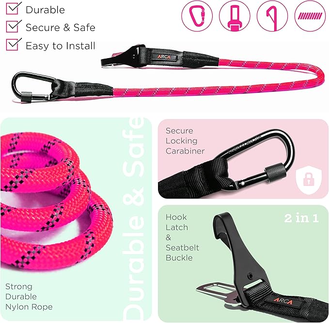 Dog Seat Belt for Car | Universal Dog Car Seatbelt | Durable Reflective Dog Seatbelt with Clip Hook Latch, Buckle and Carabiner- Safe and Secure Pet Safety Restraint for Dog (Pink)